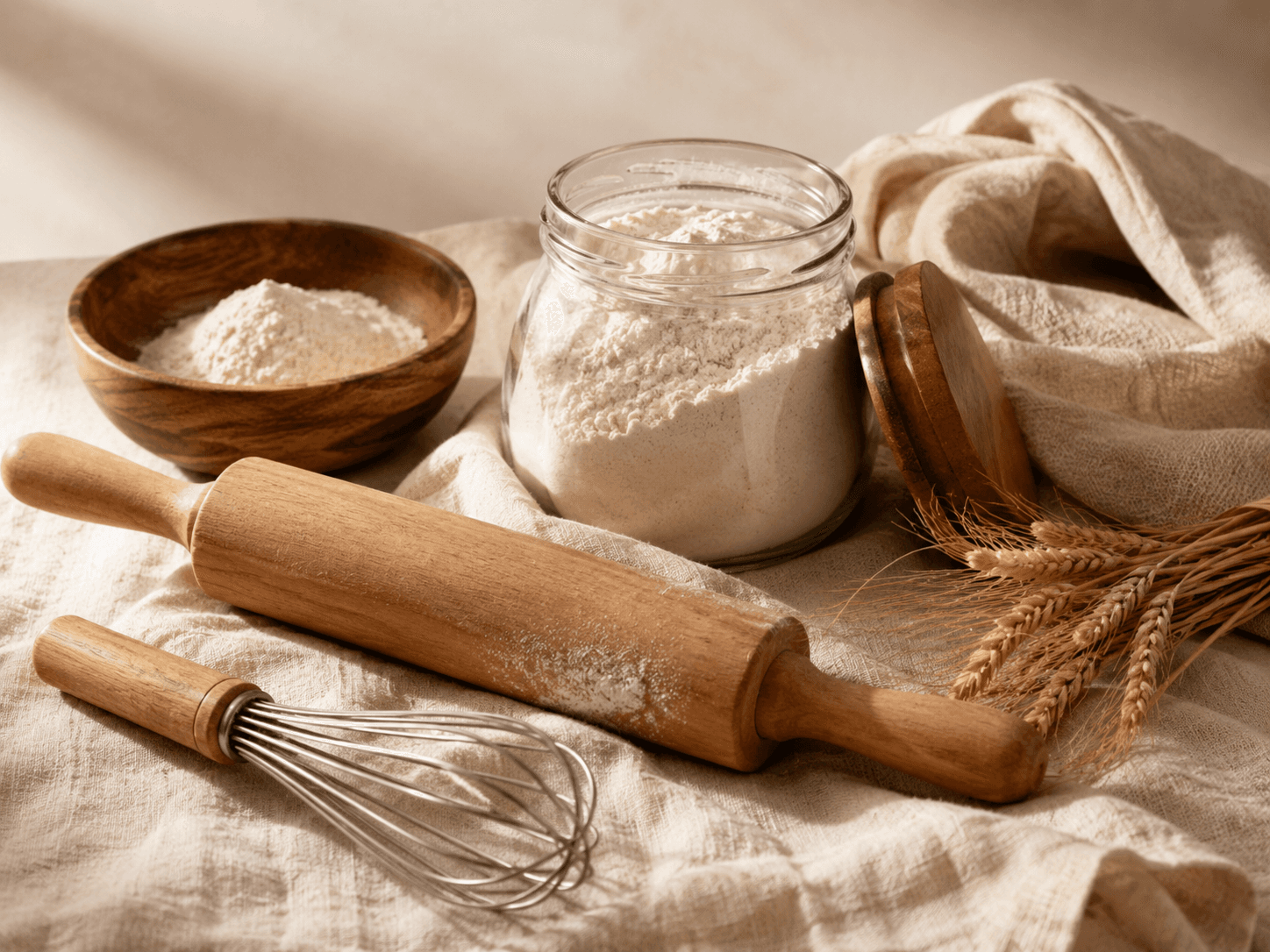 A still life of baking tools: a whisk, rolling pin and jar of flour