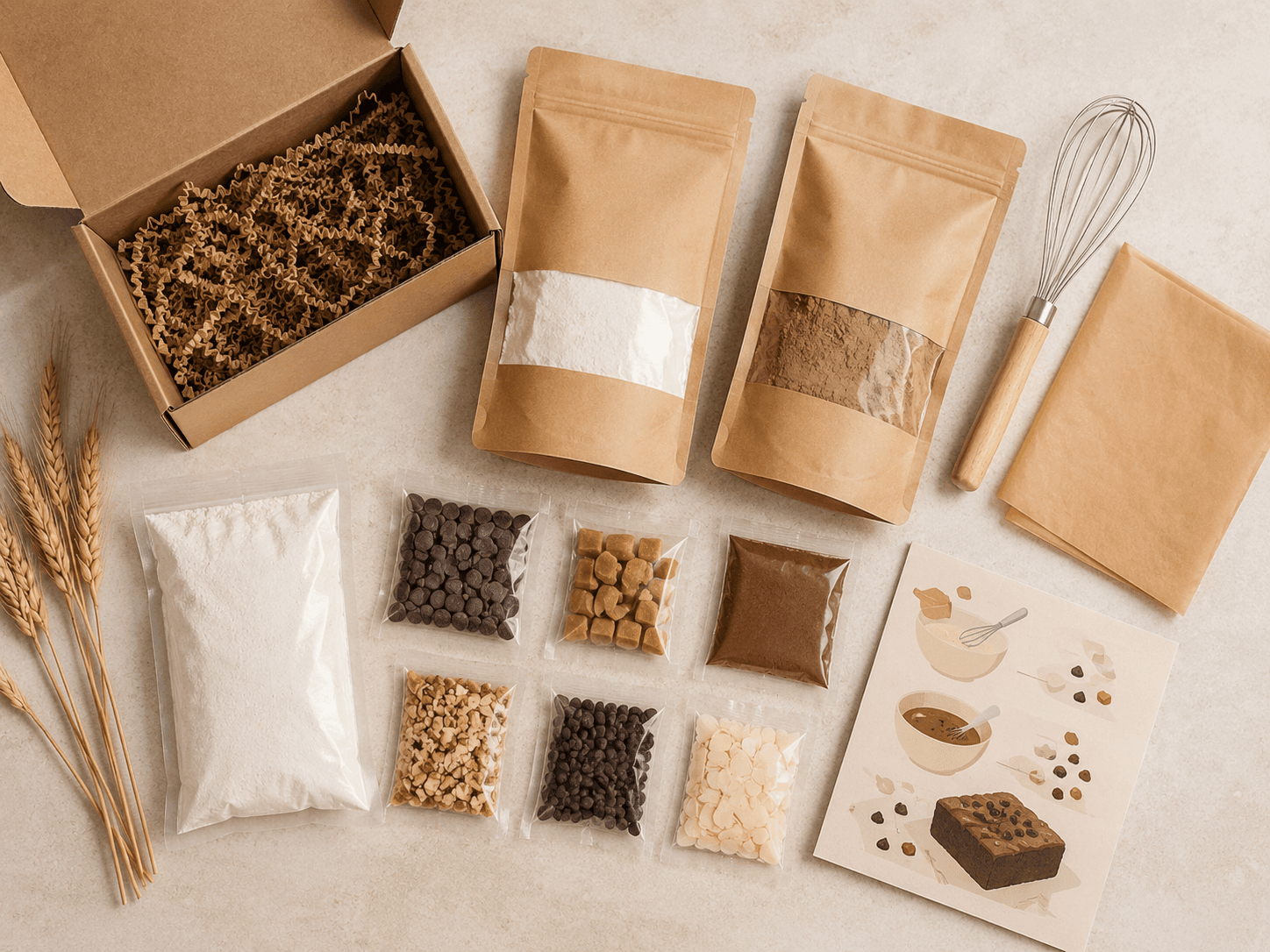 A bakehouse kit unpacked into pouches, tools and a recipe card ready to compose a custom box
