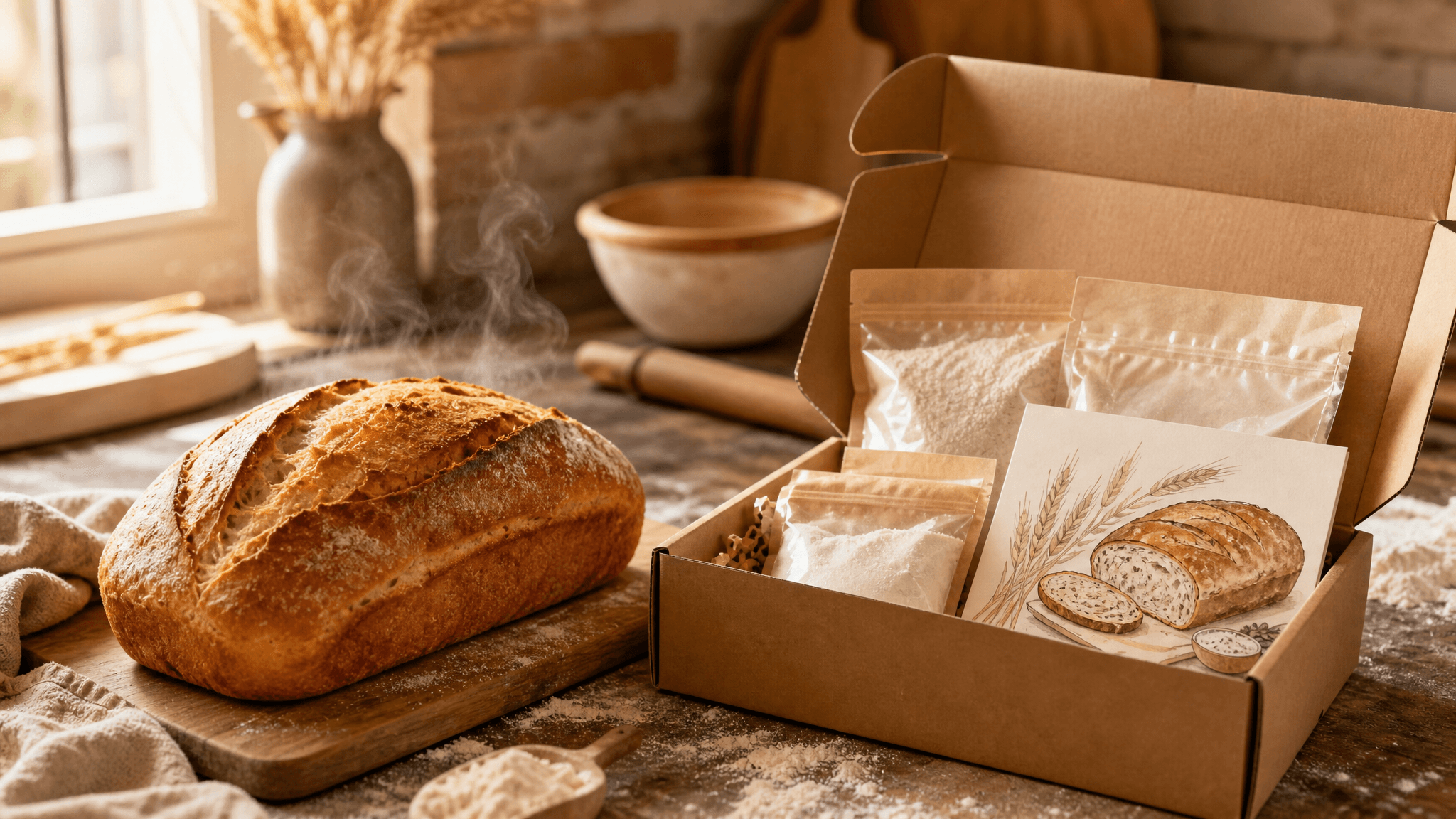 A freshly baked loaf and an open bake-at-home kit on a warm bakehouse counter