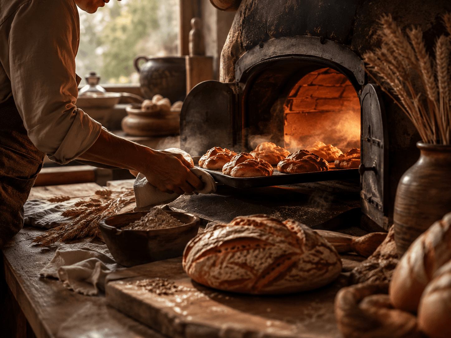 A warm morning kitchen with an oven glow and a tray of bakes going in