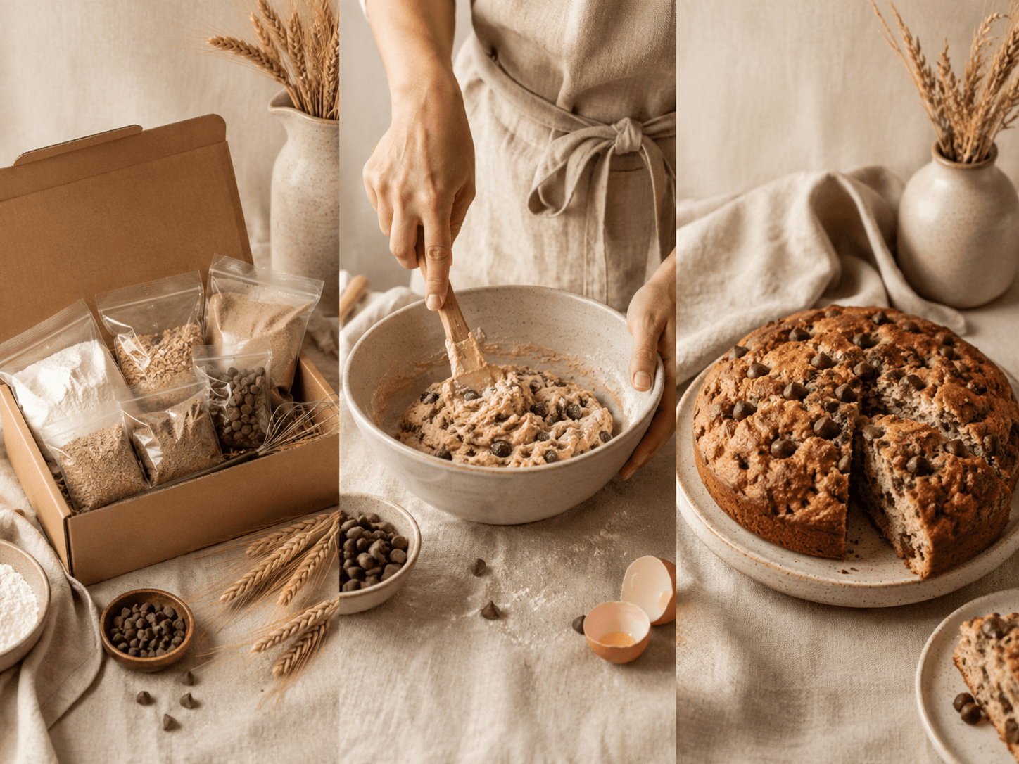 Three steps laid out: pick a kit, bake at home, and enjoy the result