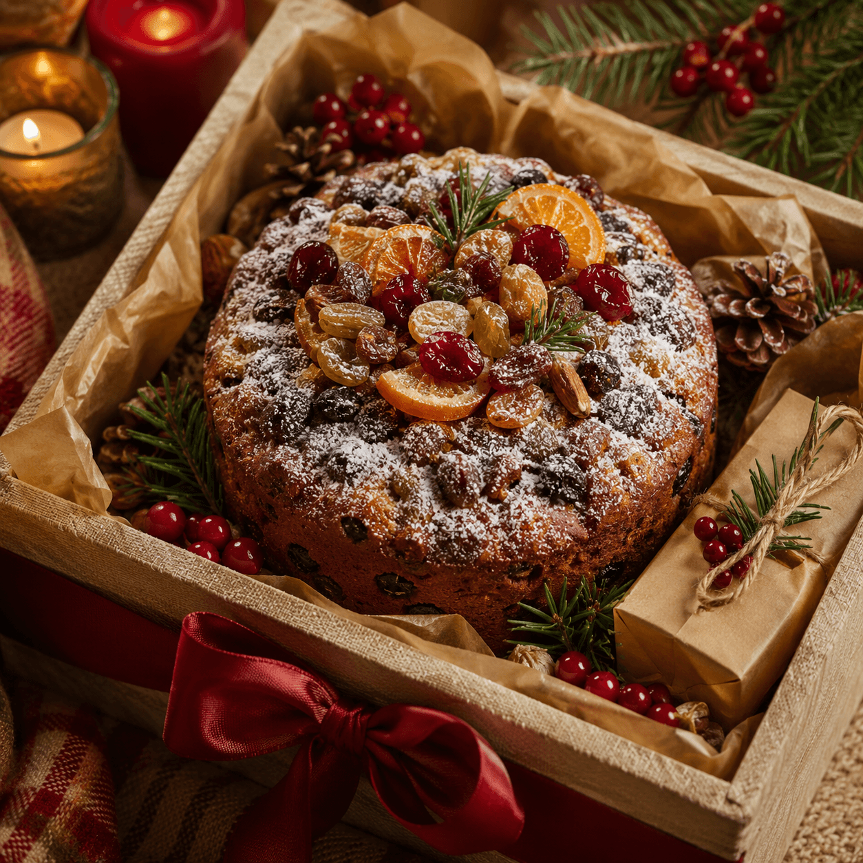 Festive Spiced Cake Hamper — An alcohol-free spiced fruit cake, boxed as a keeping-quality gift.